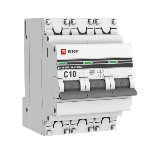 Автоматический выключатель 3P 10А (C) 6кА ВА 47-63M без теплового расцепителя PROxima | код  mcb4763m-6-3-10C-pro | EKF